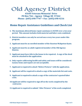 Home Repair Assistance Guidelines and Check List