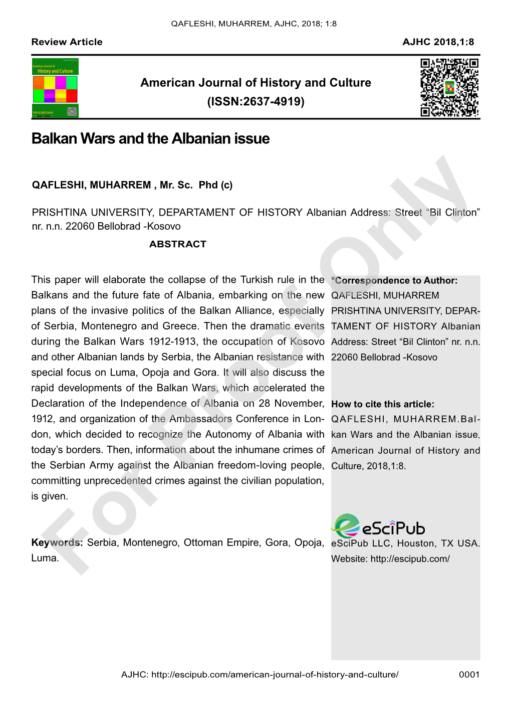 Balkan Wars and the Albanian Issue