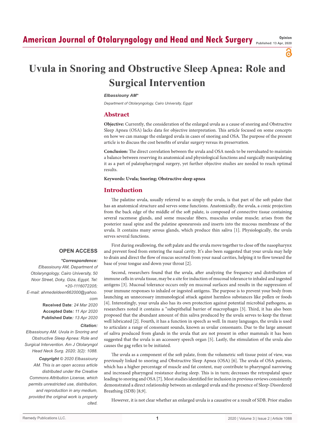 Uvula in Snoring and Obstructive Sleep Apnea: Role and Surgical Intervention