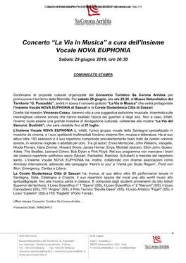 La Via in Musica” a Cura Dell’Insieme Vocale NOVA EUPHONIA Sabato 29 Giugno 2019, Ore 20:30