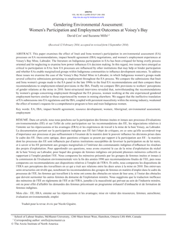 Gendering Environmental Assessment: Women’S Participation and Employment Outcomes at Voisey’S Bay David Cox1 and Suzanne Mills1,2