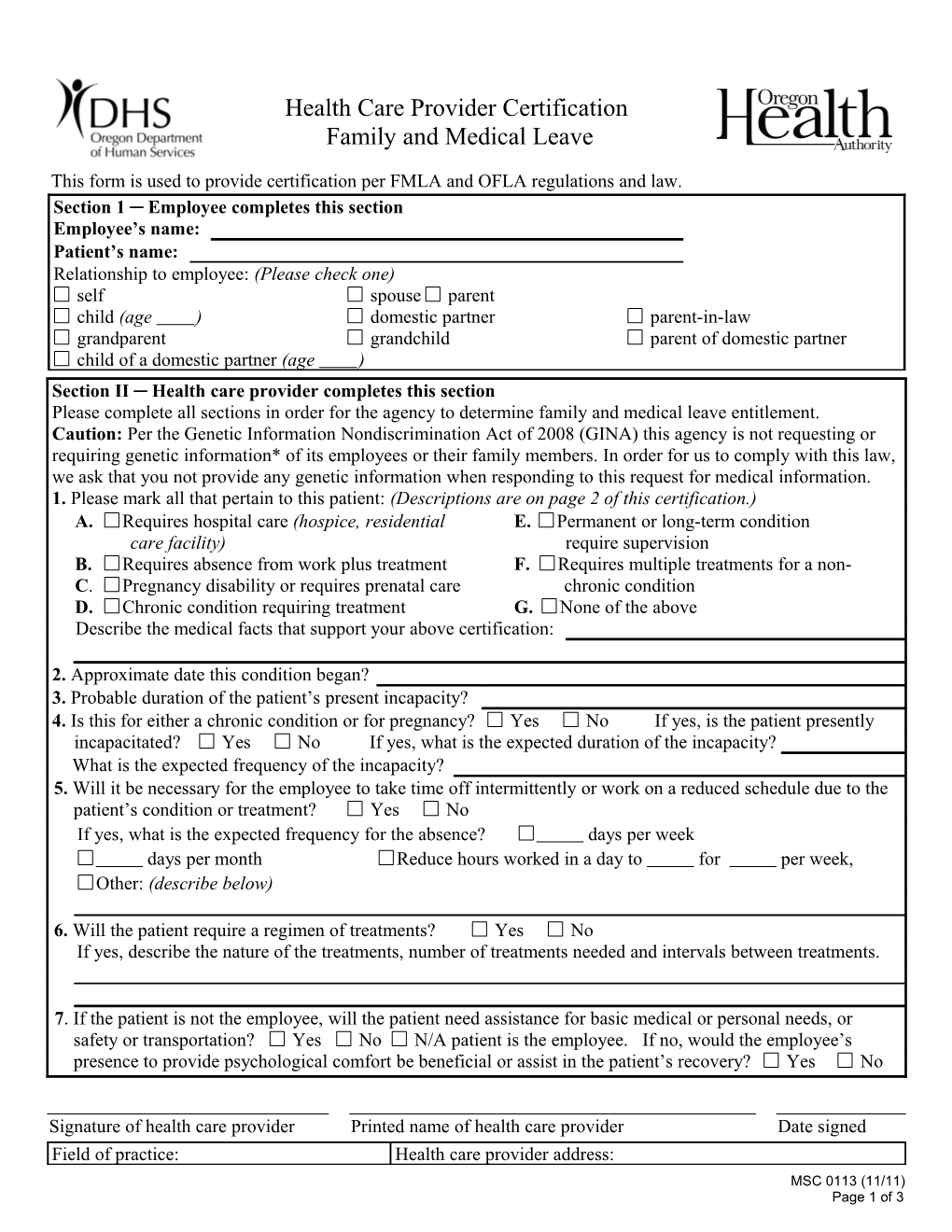 HEALTH CARE PROVIDER CERTIFICATION /Family and Medical Leave, 10/11 MSC 0113