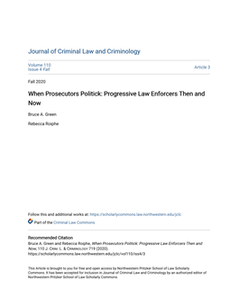 When Prosecutors Politick: Progressive Law Enforcers Then and Now