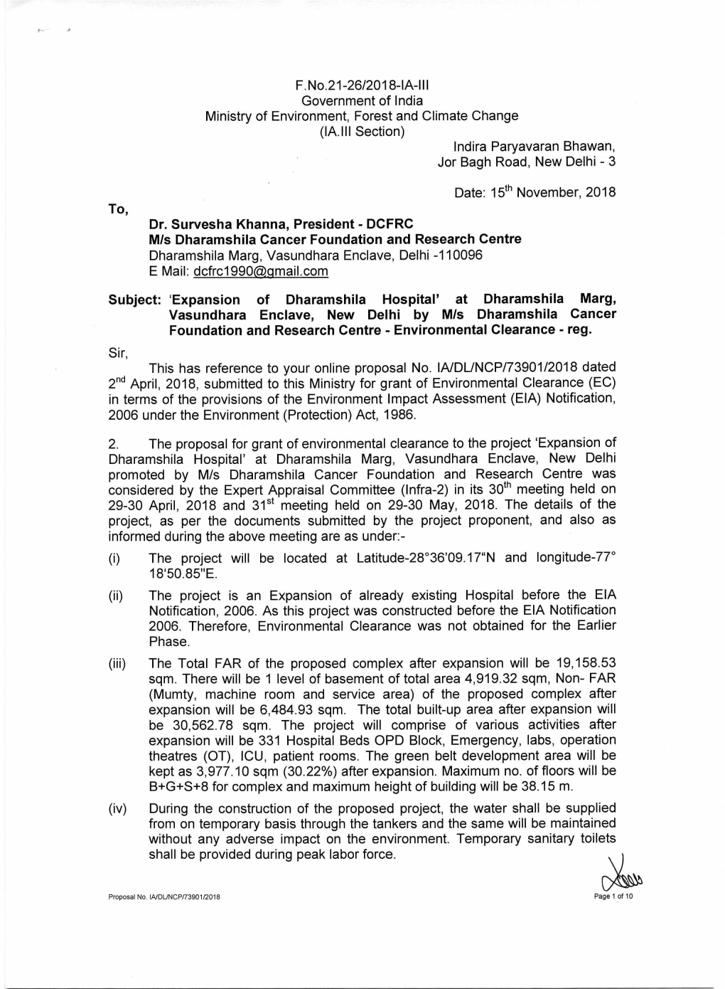 F.No.21-26/2018-1A-III Government of India Ministry of Environment, Forest and Climate Change (1A.111 Section) Indira Paryavaran Bhawan, Jor Bagh Road, New Delhi - 3