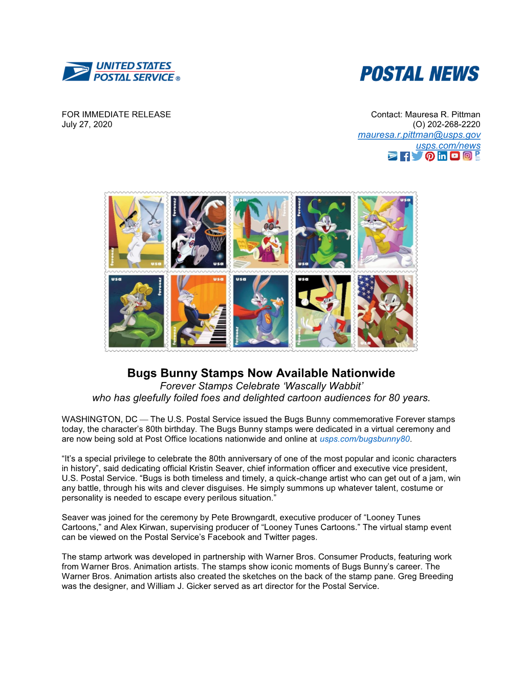 Bugs Bunny Stamps Now Available Nationwide Forever Stamps Celebrate ‘Wascally Wabbit’ Who Has Gleefully Foiled Foes and Delighted Cartoon Audiences for 80 Years