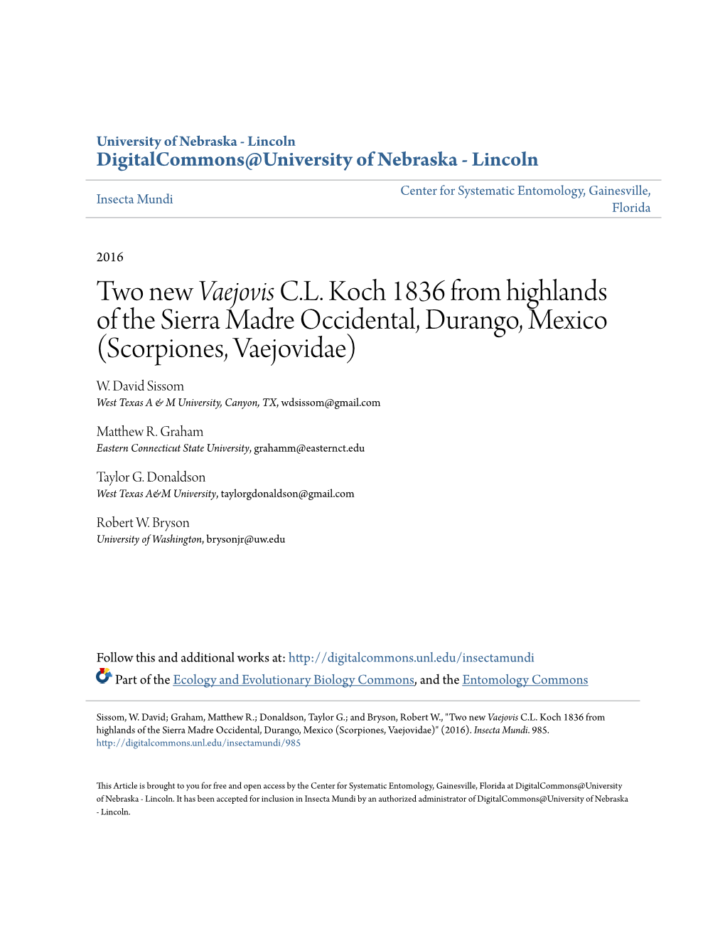 Two New <I>Vaejovis</I> CL Koch 1836 from Highlands of the Sierra Madre Occidental, Durango, Mexico