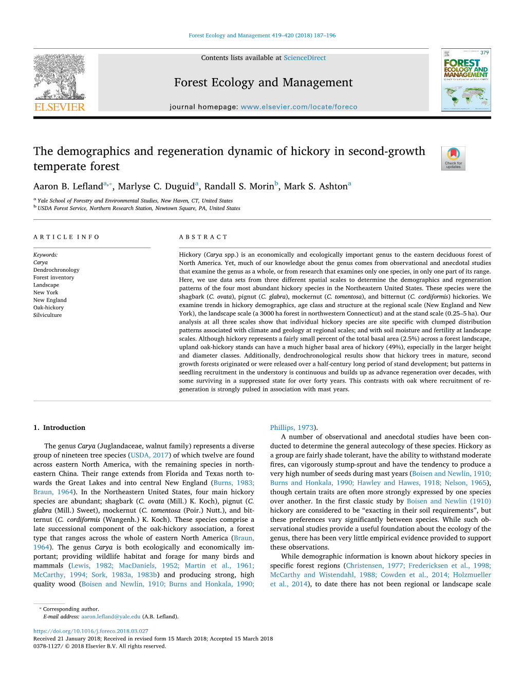 The Demographics and Regeneration Dynamic of Hickory in Second-Growth Temperate Forest