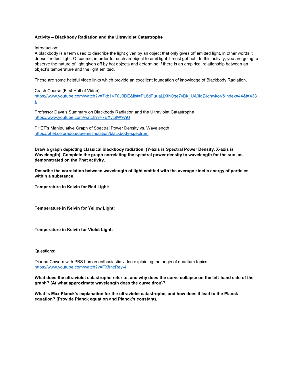 Blackbody Radiation and the Ultraviolet Catastrophe Introduction