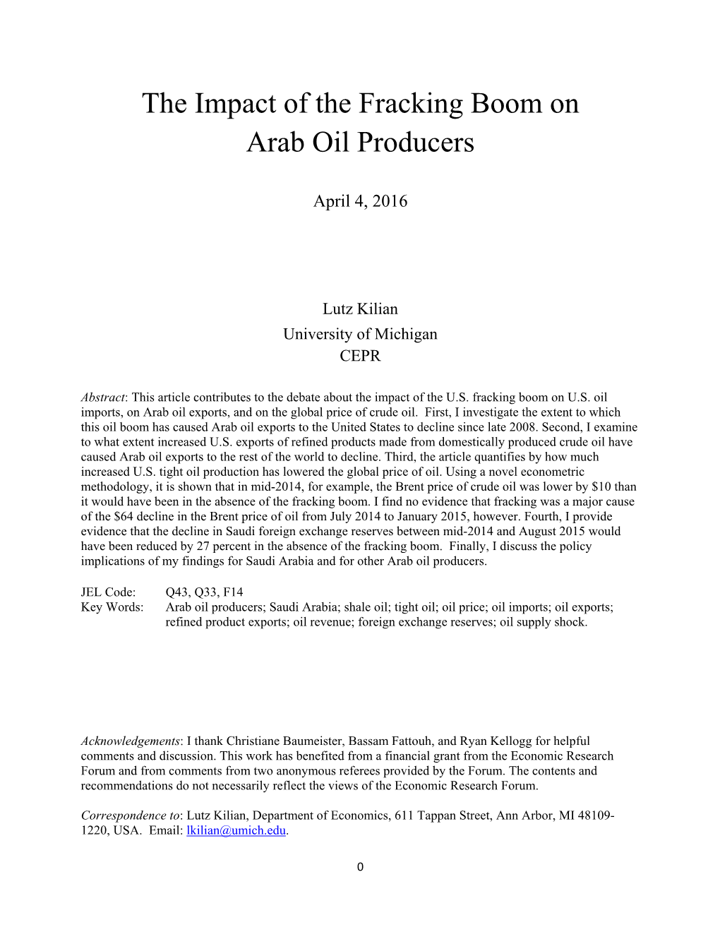 The Impact of the Fracking Boom on Arab Oil Producers