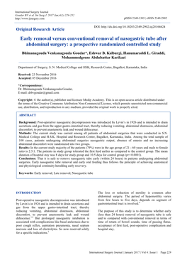 Early Removal Versus Conventional Removal of Nasogastric Tube After Abdominal Surgery: a Prospective Randomized Controlled Study