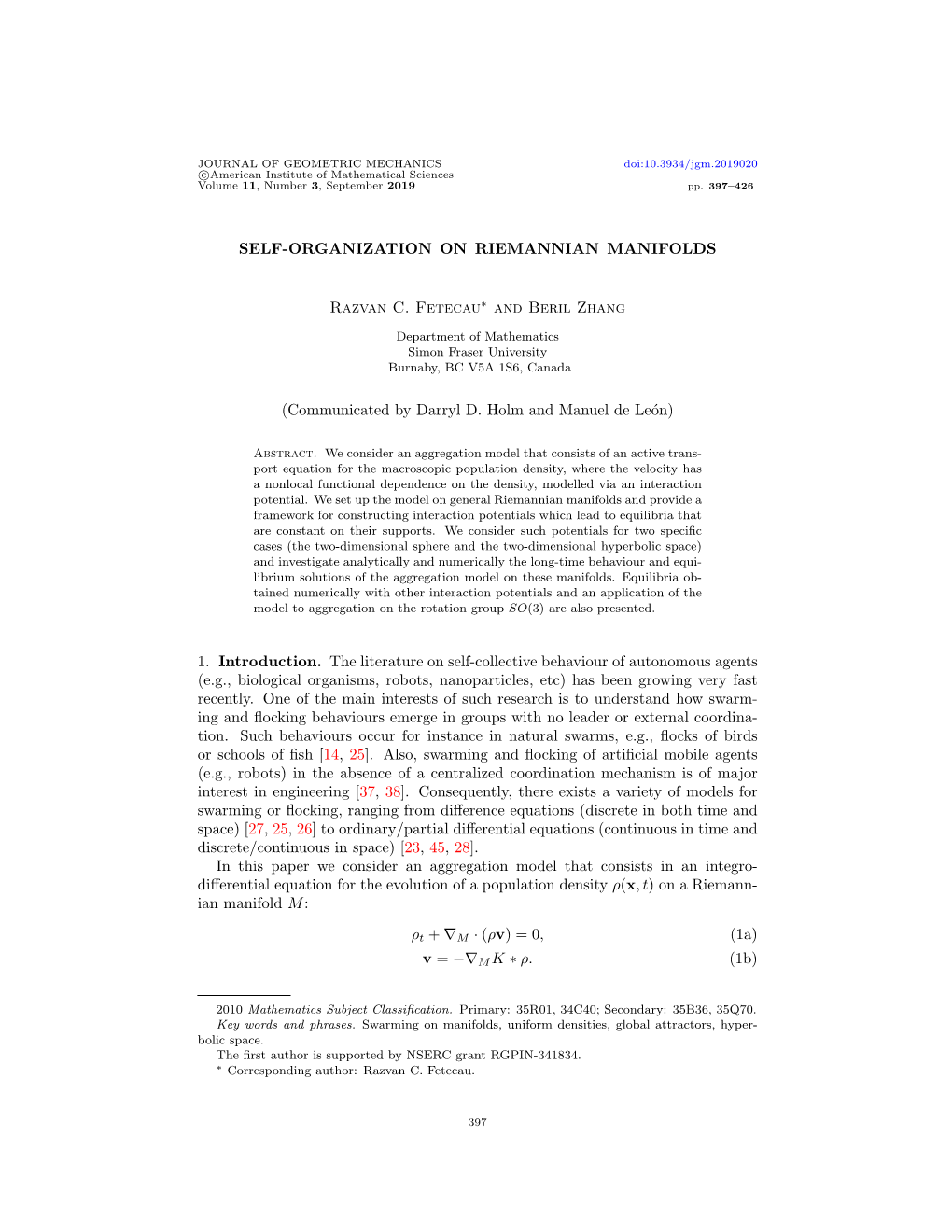 Self-Organization on Riemannian Manifolds