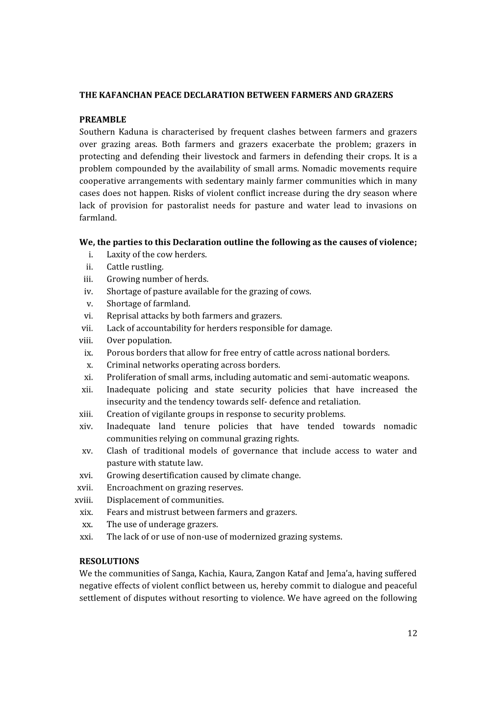 12 the Kafanchan Peace Declaration Between