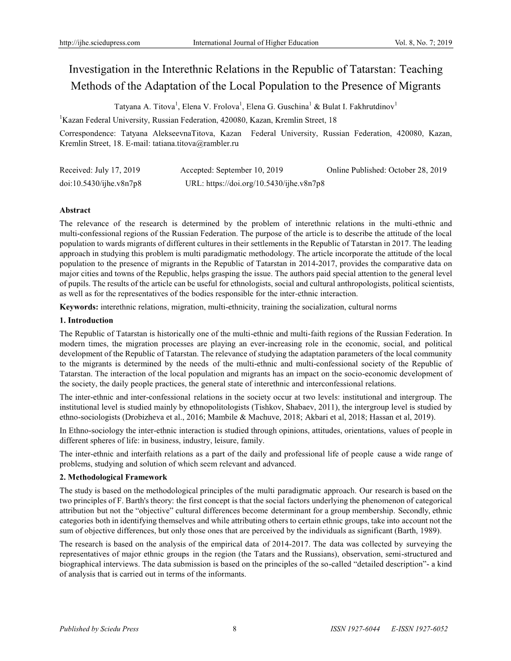 Investigation in the Interethnic Relations in the Republic of Tatarstan: Teaching Methods of the Adaptation of the Local Population to the Presence of Migrants