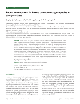 Recent Developments in the Role of Reactive Oxygen Species in Allergic Asthma
