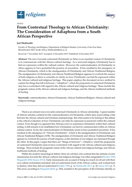 From Contextual Theology to African Christianity: the Consideration of Adiaphora from a South African Perspective