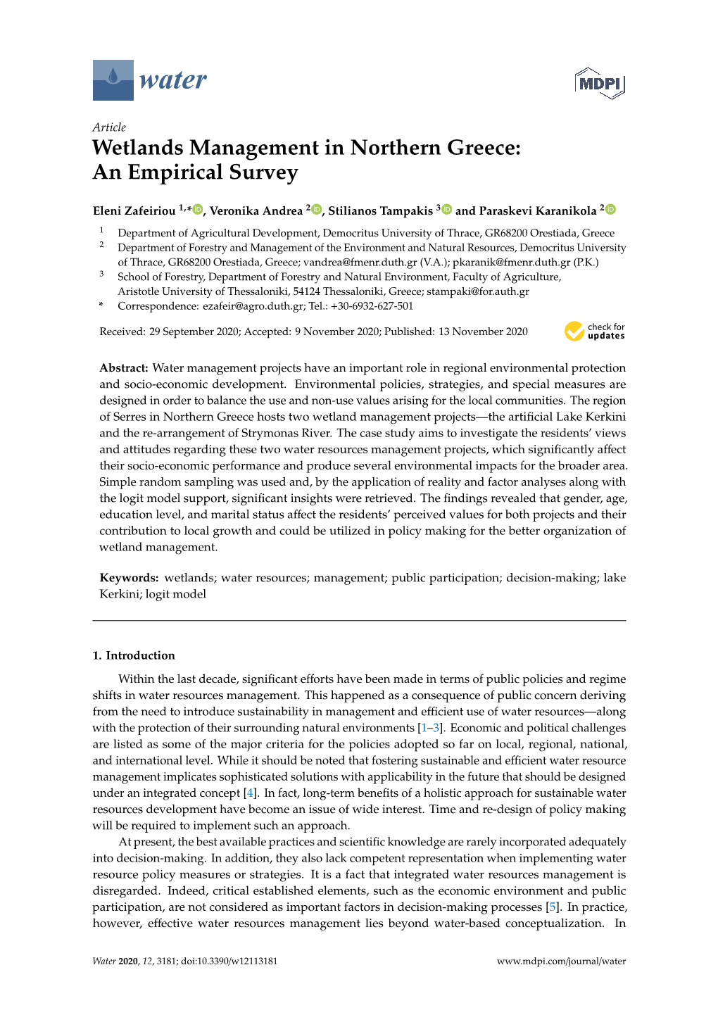 Wetlands Management in Northern Greece: an Empirical Survey