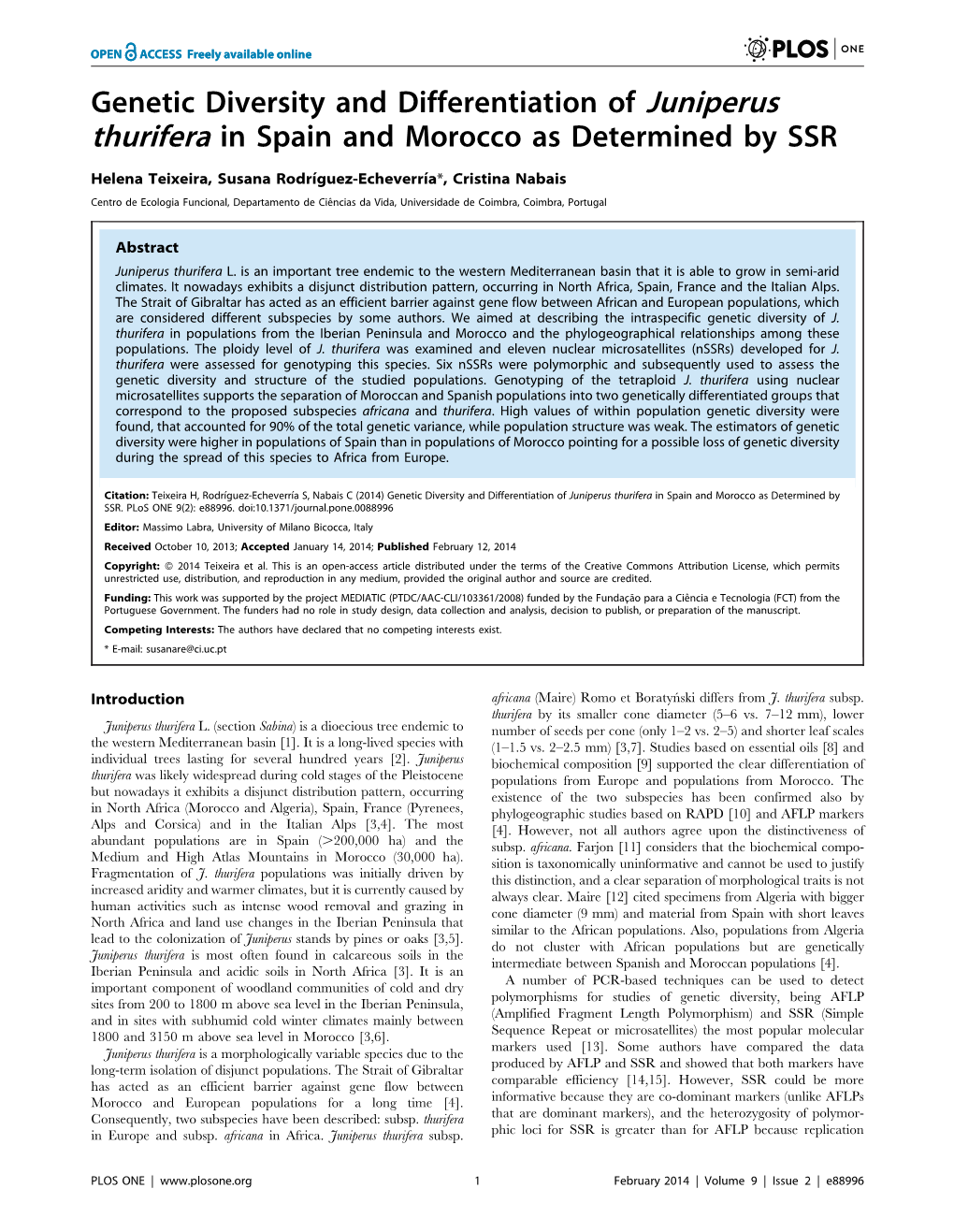 Genetic Diversity and Differentiation of Juniperus Thurifera in Spain and Morocco As Determined by SSR