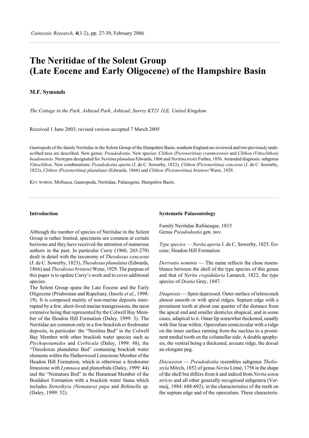 Late Eocene and Early Oligocene) of the Hampshire Basin