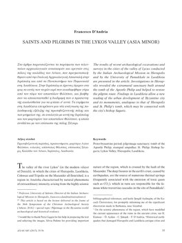 Saints and Pilgrims in the Lykos Valley (Asia Minor)