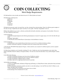 COIN COLLECTING Merit Badge Requirements