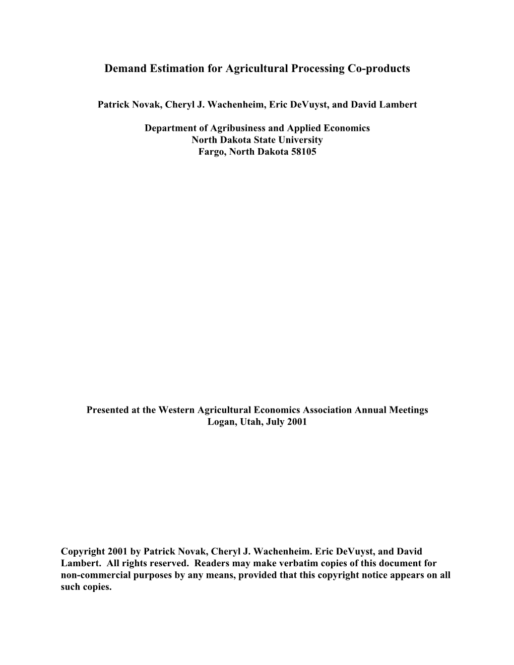 Demand Estimation for Agricultural Processing Co-Products