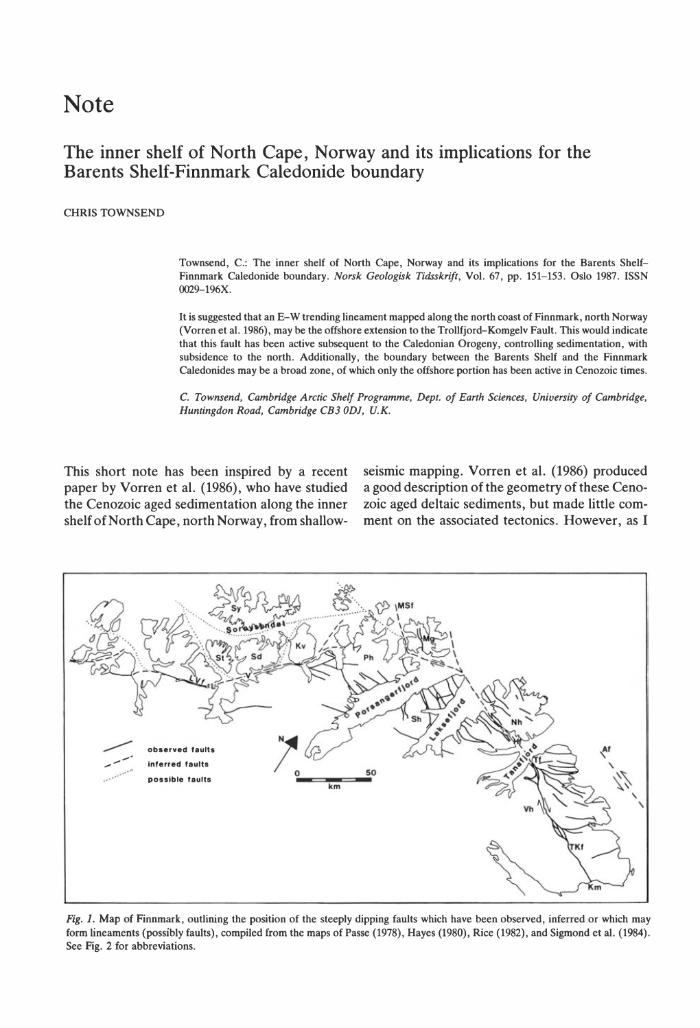 The Inner Shelf of North Cape, Norway and Its Implications for the Barents Shelf-Finnmark Caledonide Boundary