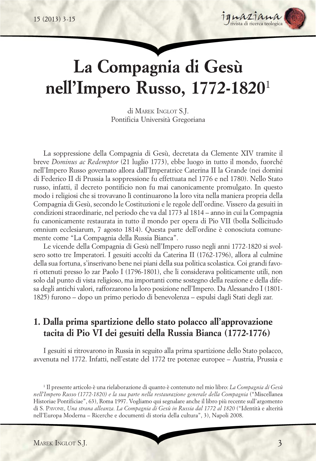 Al Ristabilimento Della Compagnia Di Gesù (1804-1814)