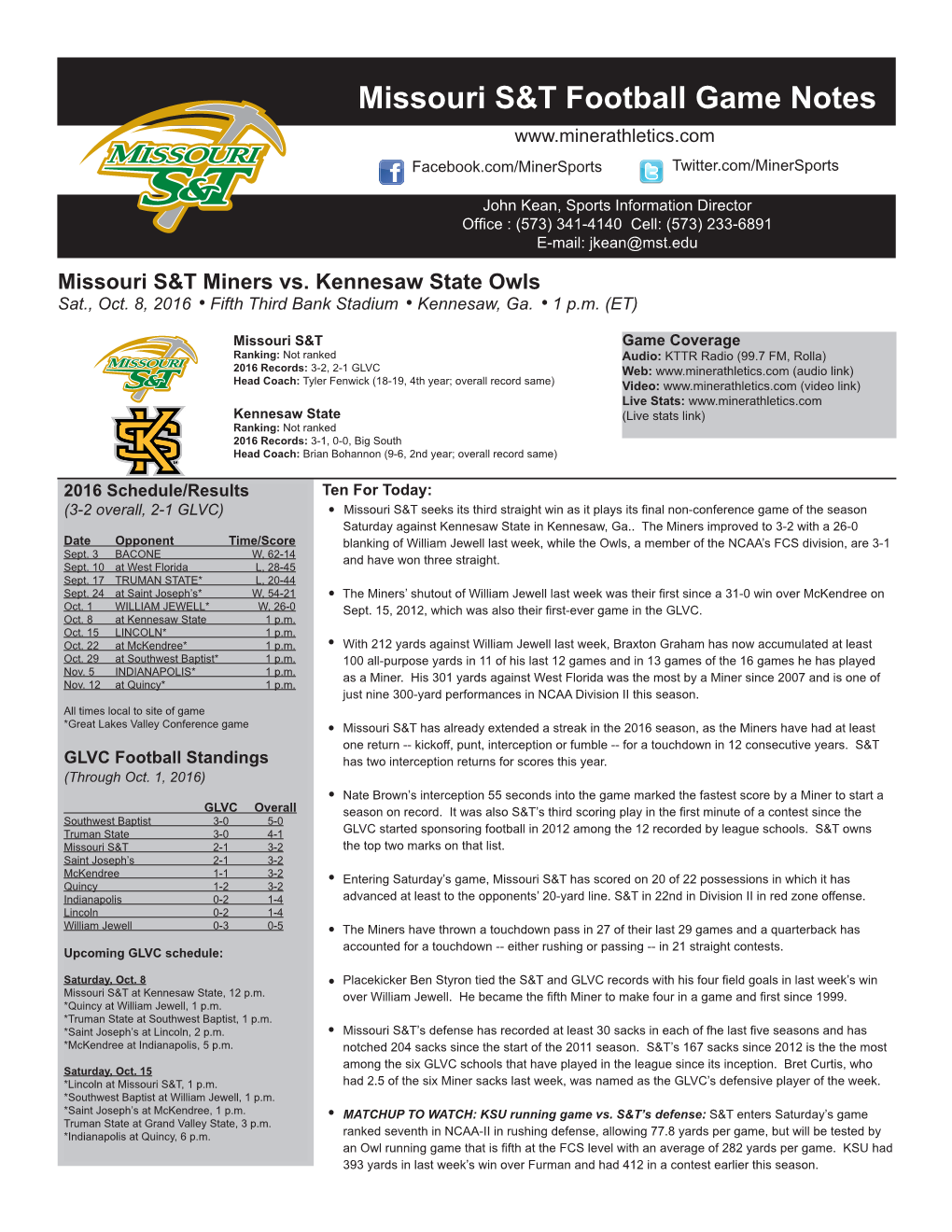 Missouri S&T Football Game Notes