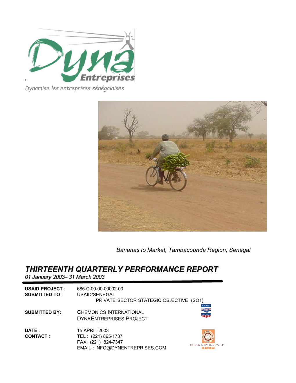 THIRTEENTH QUARTERLY PERFORMANCE REPORT 01 Januarry 2003– 31 Marrch 2003