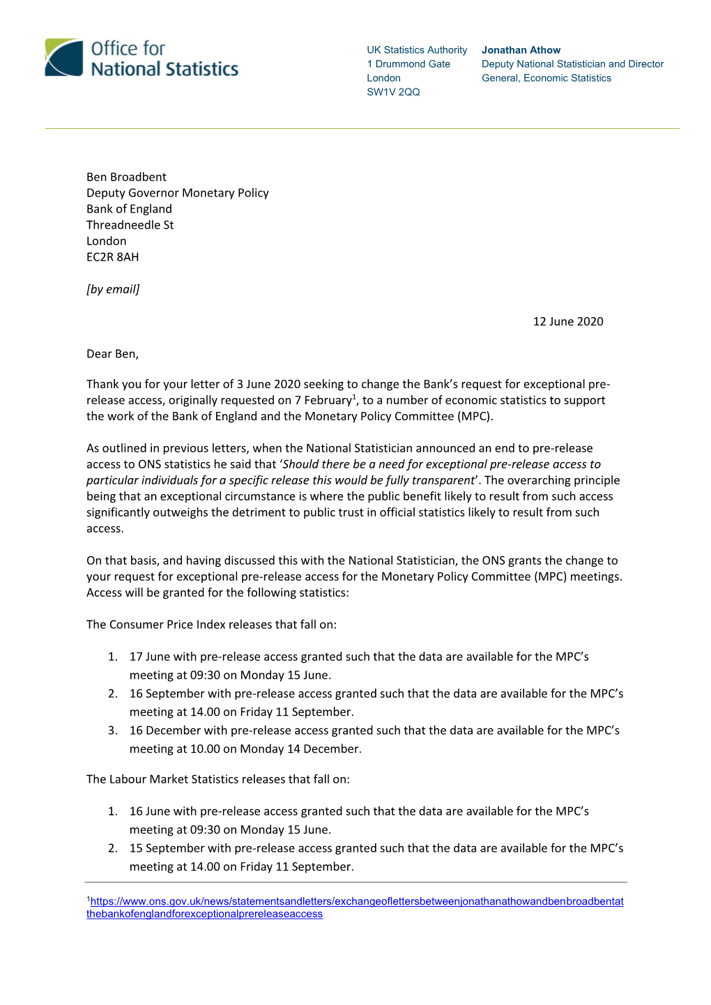 Letter from ONS to Boe, June 2020