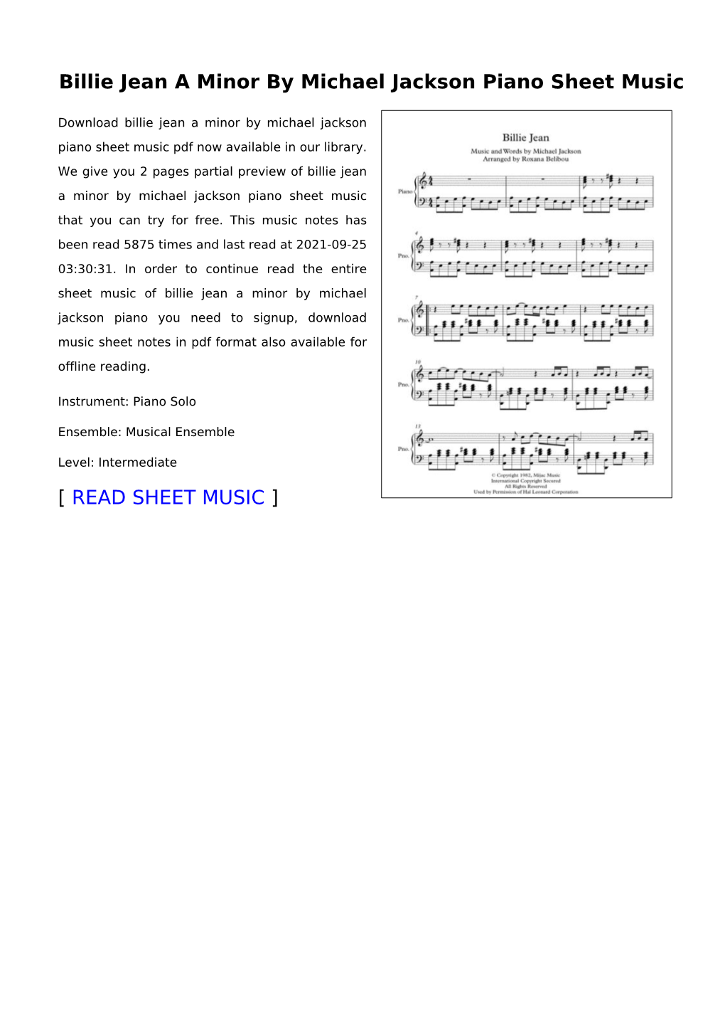 Billie Jean a Minor by Michael Jackson Piano Sheet Music