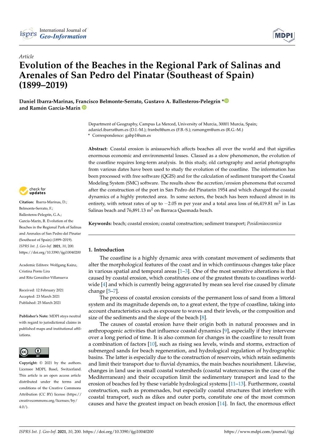 Evolution of the Beaches in the Regional Park of Salinas and Arenales of San Pedro Del Pinatar (Southeast of Spain) (1899–2019)