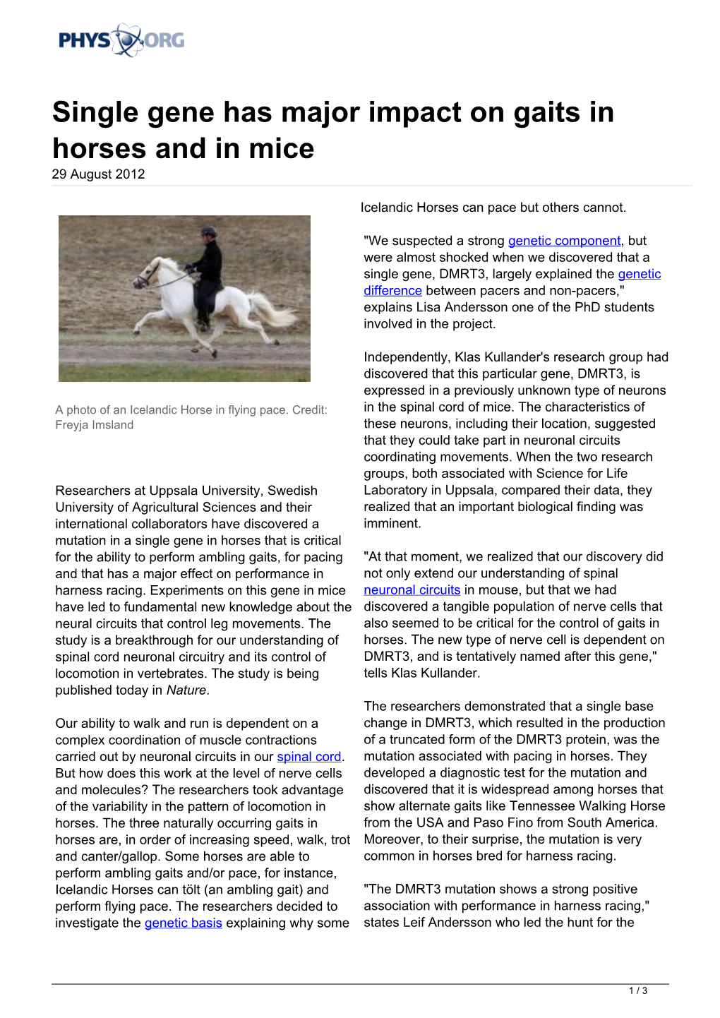 Single Gene Has Major Impact on Gaits in Horses and in Mice 29 August 2012