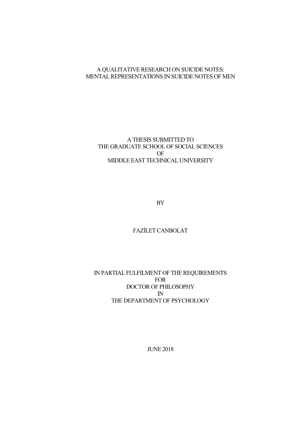 A Qualitative Research on Suicide Notes: Mental Representations in Suicide Notes of Men