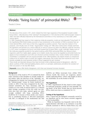 Viroids: “Living Fossils” of Primordial Rnas? Theodor O