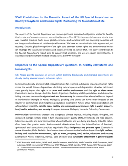 WWF Contribution to the Thematic Report of the UN Special Rapporteur on Healthy Ecosystems and Human Rights : Sustaining the Foundations of Life