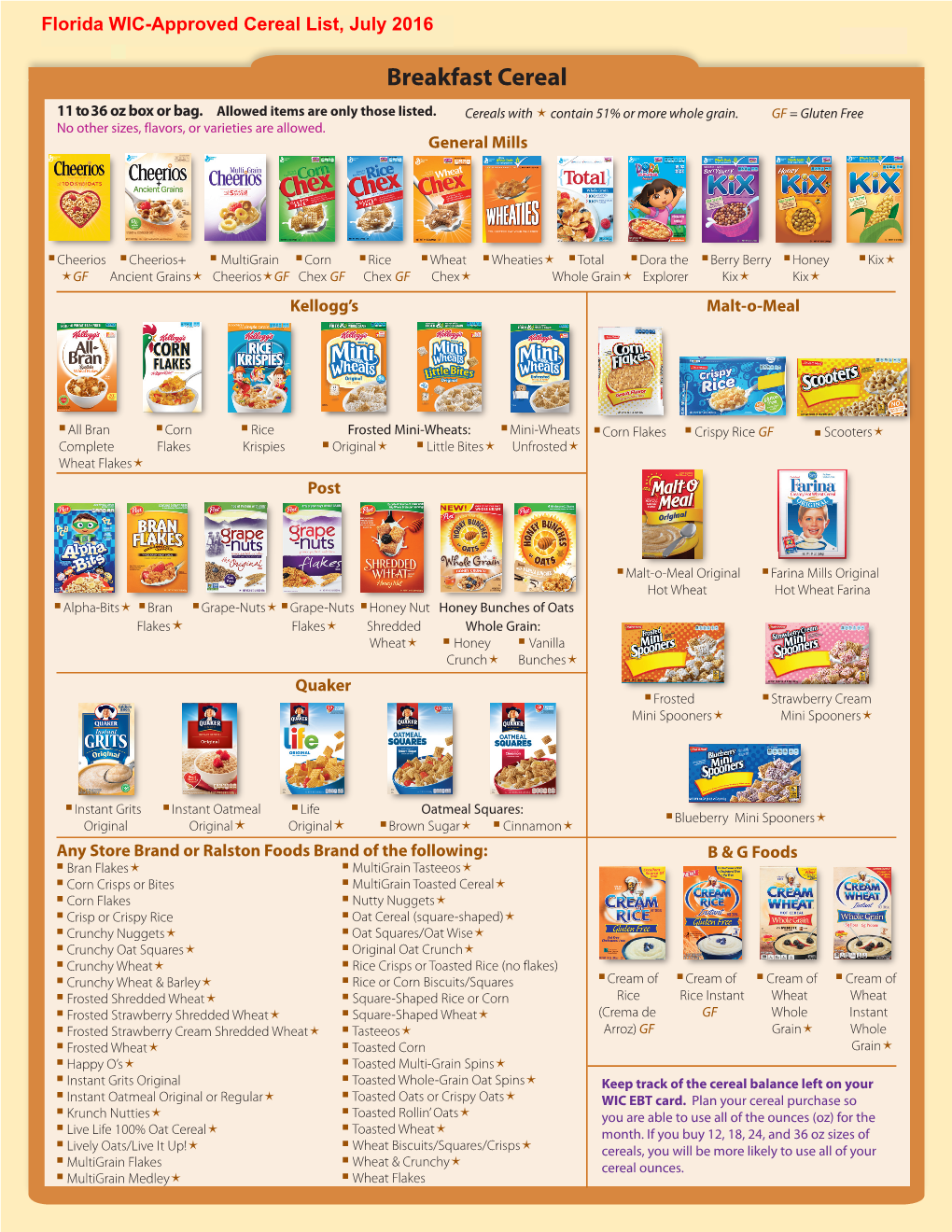 Florida WIC Approved Cereal List, July 2016