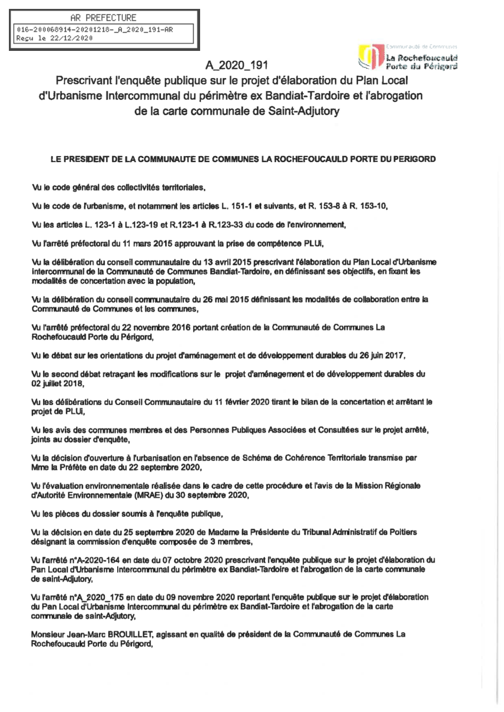 Par Arrêté Du 18 Décembre 2020 N°A 2020 191