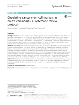 Circulating Cancer Stem Cell Markers in Breast Carcinomas: a Systematic Review Protocol Maryam Mansoori1, Zahra Madjd2*, Leila Janani3* and Arezoo Rasti4