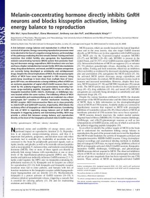 Melanin-Concentrating Hormone Directly Inhibits Gnrh Neurons and Blocks Kisspeptin Activation, Linking Energy Balance to Reproduction
