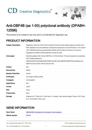 Anti-DBF4B (Aa 1-50) Polyclonal Antibody (DPABH- 12596) This Product Is for Research Use Only and Is Not Intended for Diagnostic Use