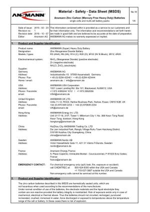 Material - Safety - Data Sheet (MSDS) No.16 for Ansmann Zinc Carbon (Mercury Free Heavy Duty) Batteries Single Cells and Multi-Cell Battery Packs 1/6