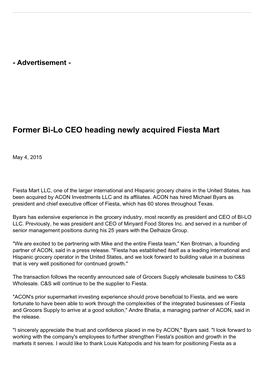 Former Bi-Lo CEO Heading Newly Acquired Fiesta Mart