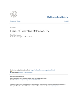 Limits of Preventive Detention, the Rinat Kitai-Sangero the Academic Center of Law and Business, Israel