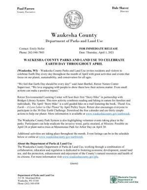 Waukesha County Parks and Land Use to Celebrate Earth Day All Month