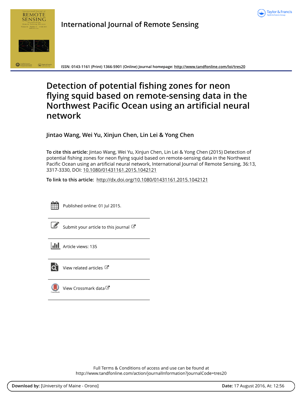 Detection of Potential Fishing Zones for Neon Flying Squid Based on Remote-Sensing Data in the Northwest Pacific Ocean Using an Artificial Neural Network