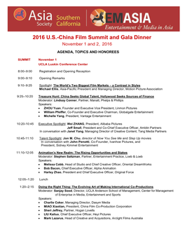 2016 U.S.-China Film Summit and Gala Dinner November 1 and 2, 2016