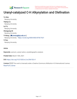Uranyl-Catalyzed C-H Alkynylation and Ole Nation