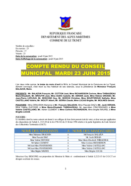 Compte Rendu Du Conseil Municipal Mardi 23 Juin 2015