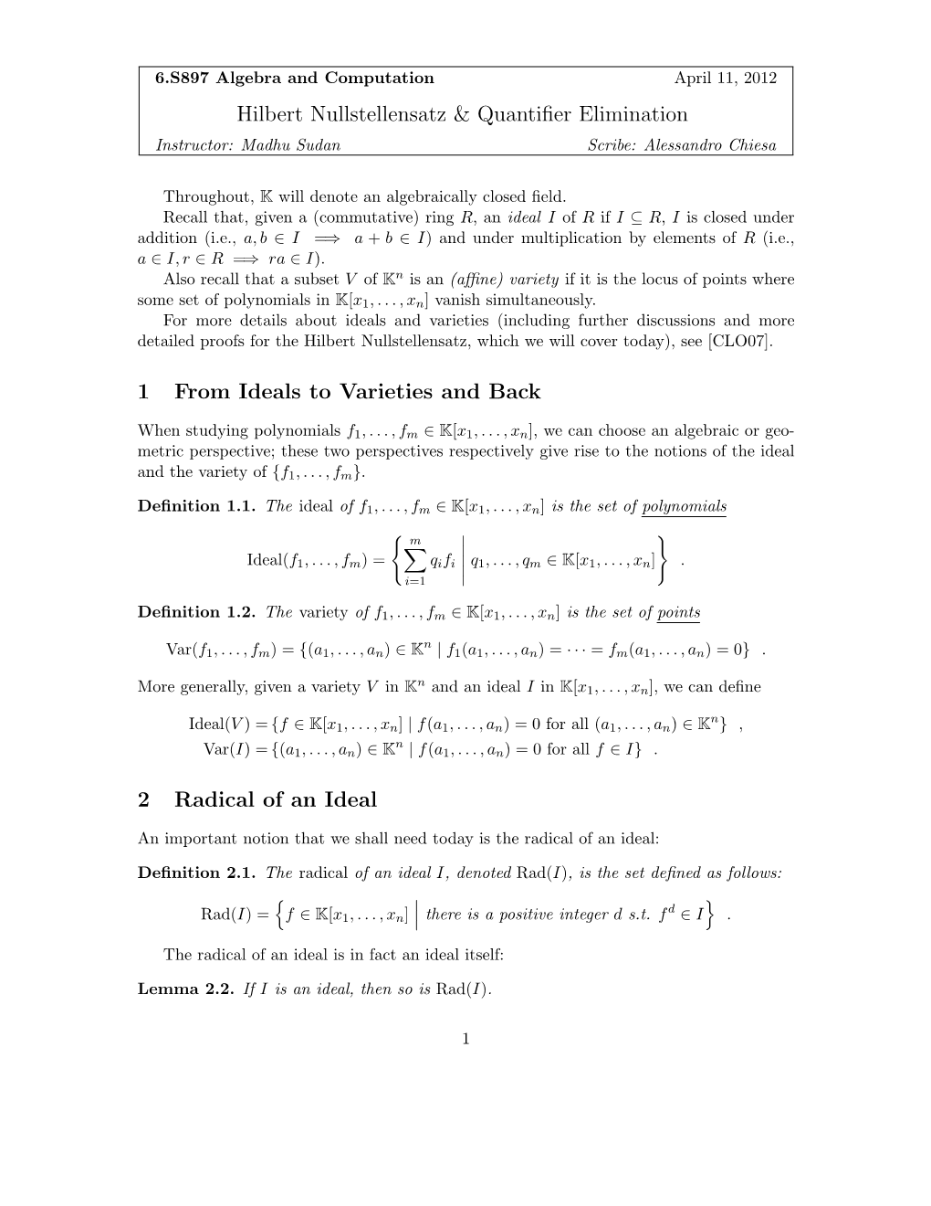 Hilbert Nullstellensatz & Quantifier Elimination